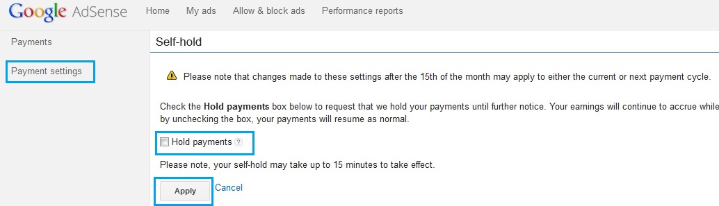  Hold payments for EFT in Google Adsense