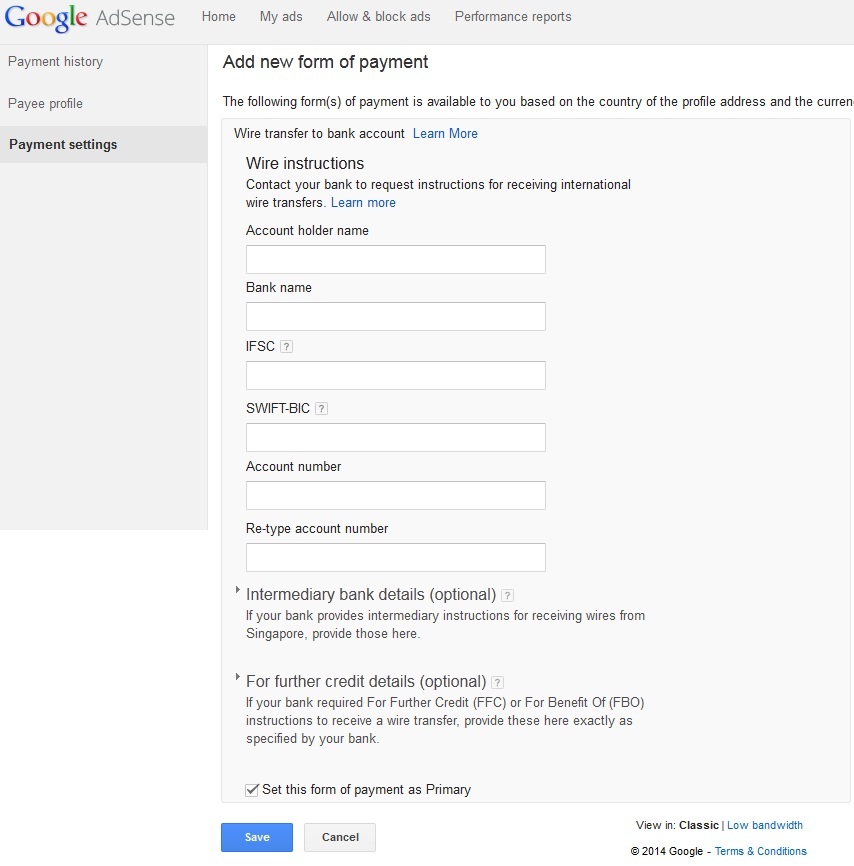 Google Adsense Add new form of payment page