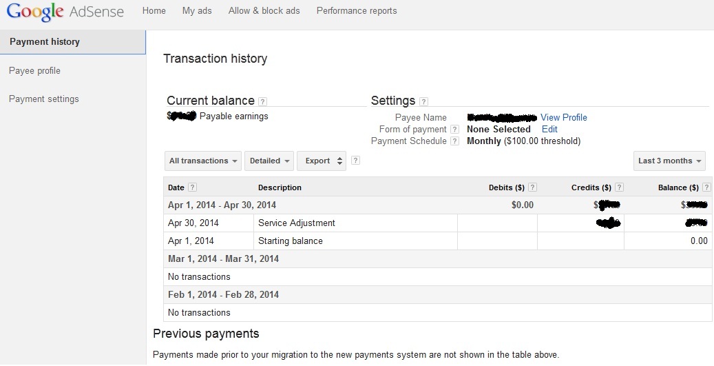 Google Adsense Payment history page