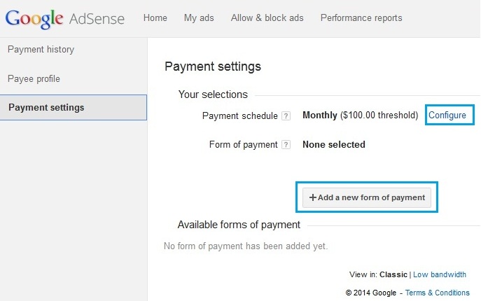 Google Adsense Payments Settings Page