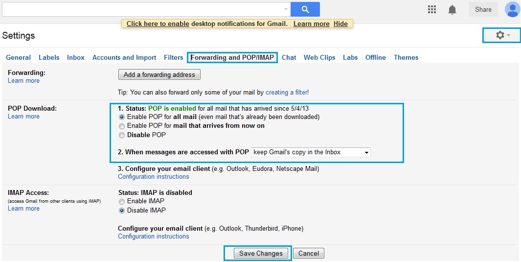 Enable POP or IMAP Settings in Gmail