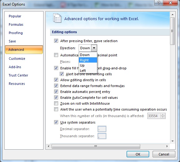 Change Cursor Movement in Excel