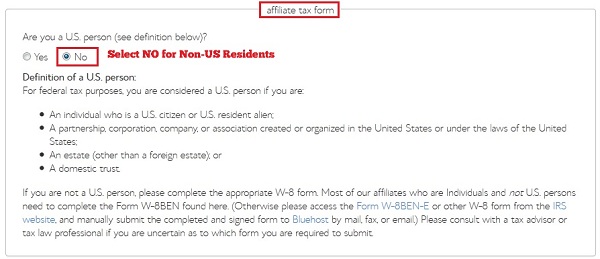 How to fill out BlueHost Affiliate Tax form for Non-US Residents